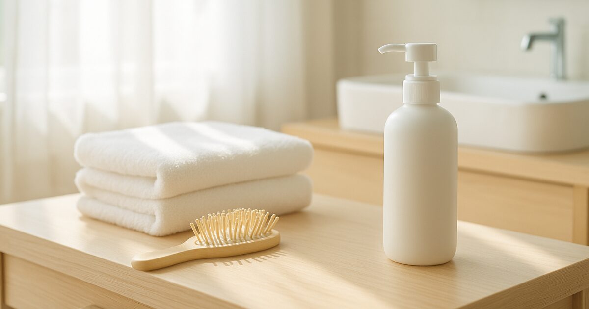 自然光が差し込む洗面台に、白いシャンプーボトル・タオル・木製ブラシが並んでいる清潔感のある写真