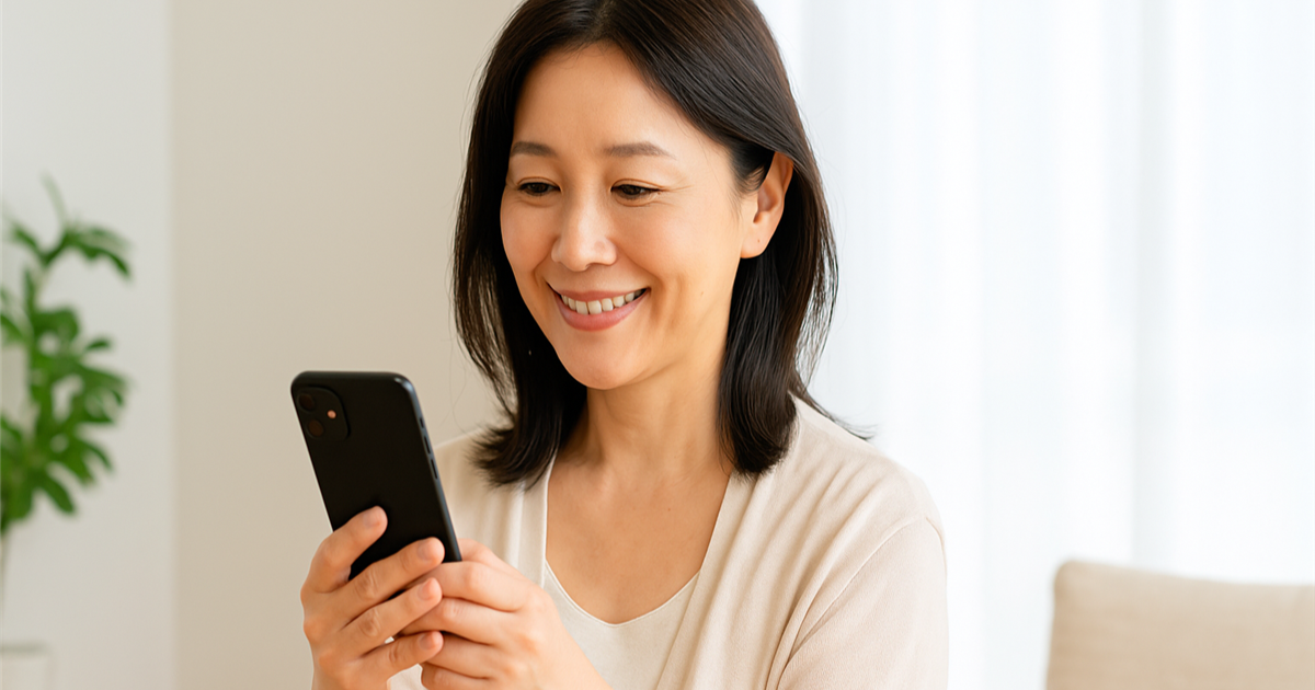 アラフィフ女性がスマートフォンでボンパルムシャンプーの口コミをチェックしている様子