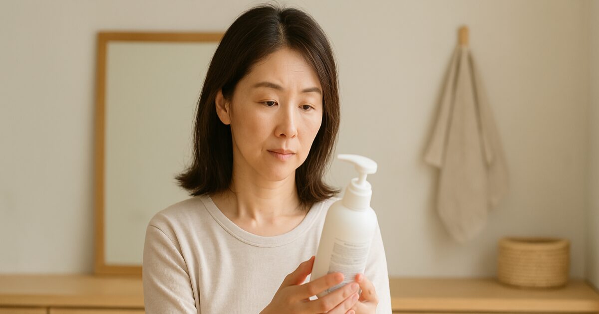 アラフィフ女性が洗面台でボンパルム ボンリペアシャンプーのボトルを手に取り、頭皮ケア成分を確認している様子