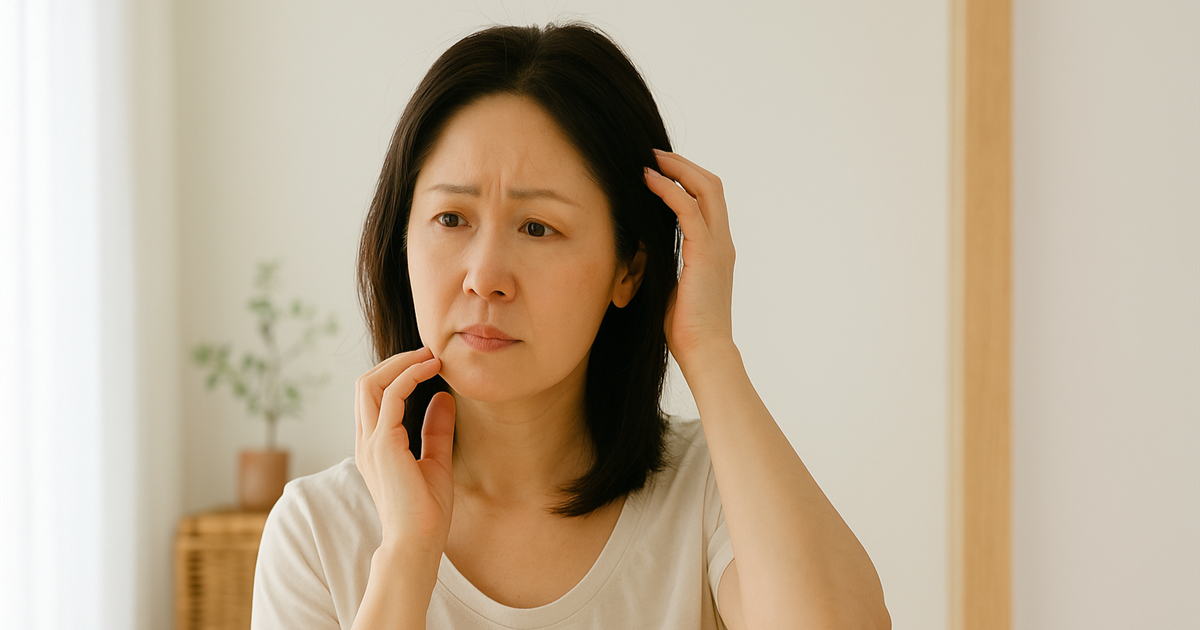 アラフィフ女性が鏡の前で頭皮の臭いを気にしている様子。頭皮ケアを意識したシーン