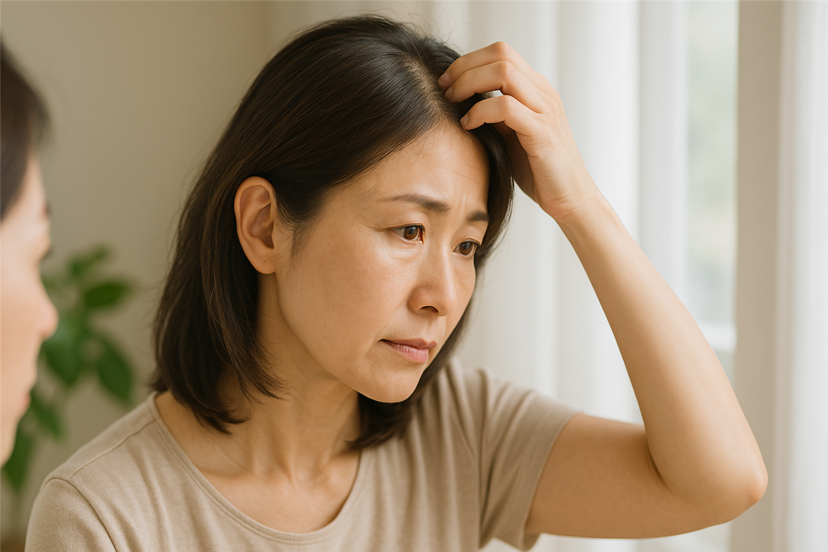 鏡の前で頭皮を指先でチェックするアラフィフ女性