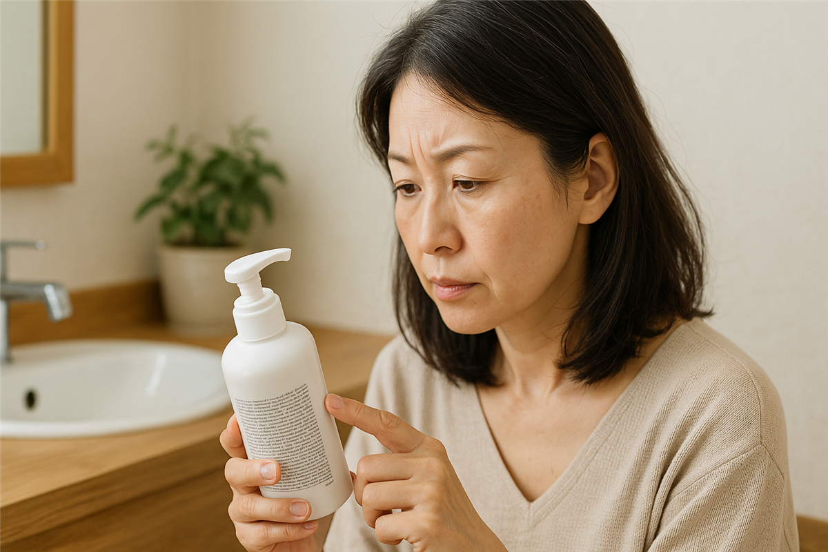 シャンプーの成分表を真剣にチェックするアラフィフ女性