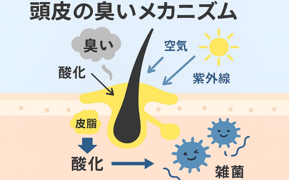 頭皮の皮脂が空気や紫外線で酸化し、臭いの原因になる仕組みを表した図解イラスト