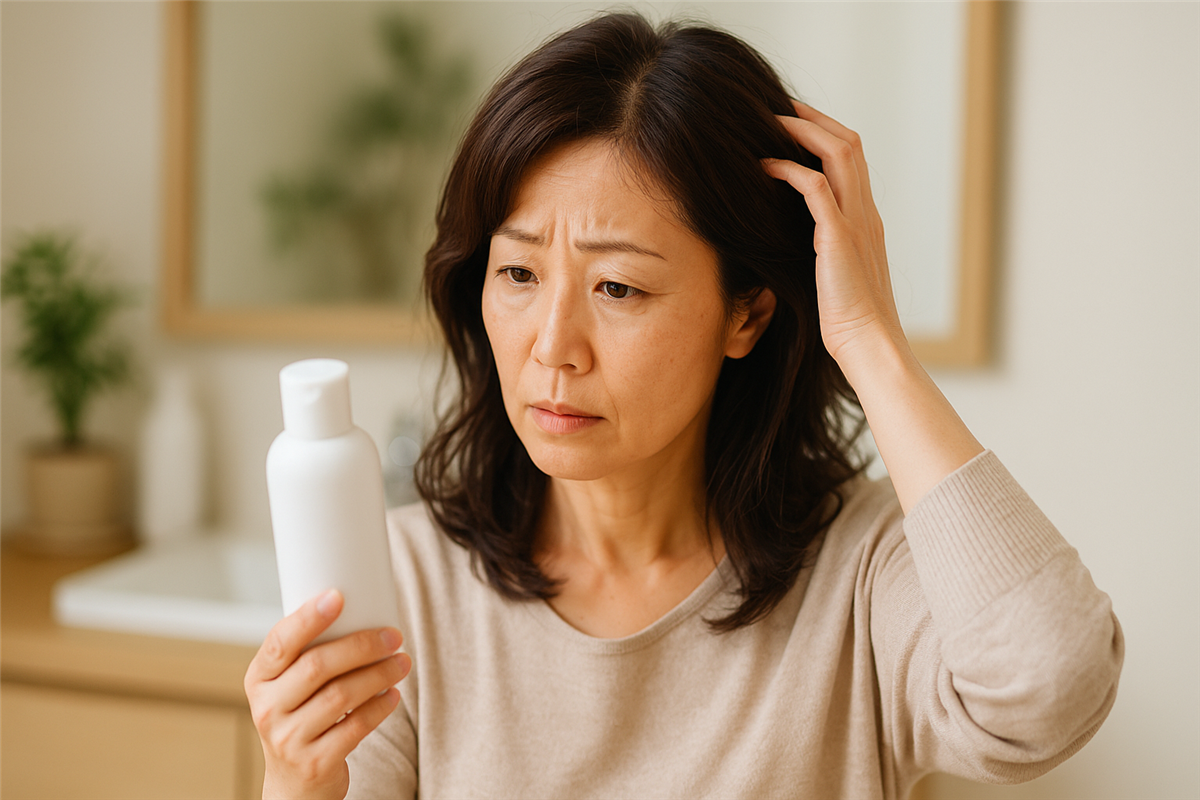 アラフィフ女性が洗面所でシャンプーを手に取り頭皮を気にしている様子