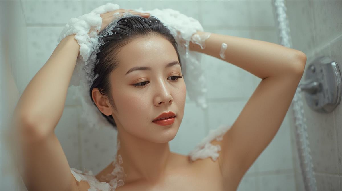 泡立てたシャンプーでやさしく頭皮を洗っている50代女性のイメージイラスト