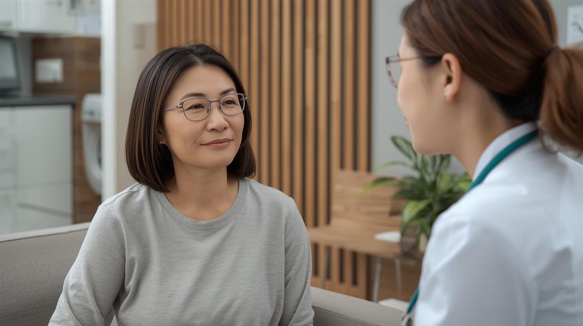 頭皮の臭いトラブルで医師に相談している50代女性のイラスト