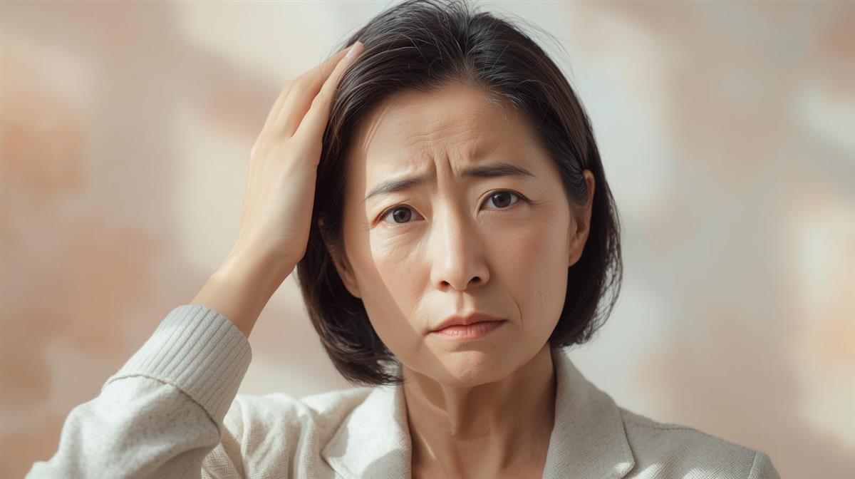 頭皮の臭いが気になる50代女性が髪をかき上げて悩んでいる様子のイラスト