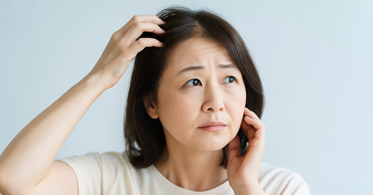 50代女性が頭皮の臭いに悩んで髪をかきあげている様子をやさしい雰囲気で表現した写真風の画像