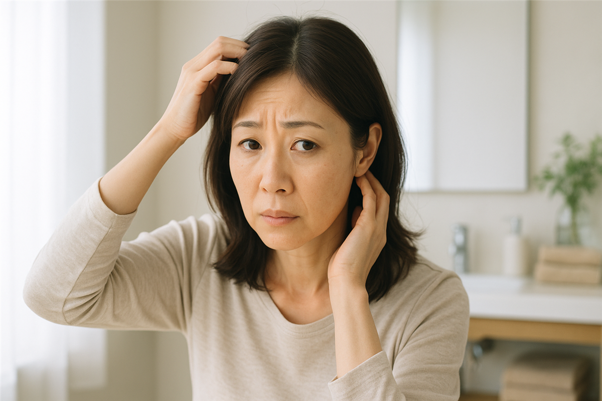 鏡の前で髪のニオイを気にしているアラフィフ女性