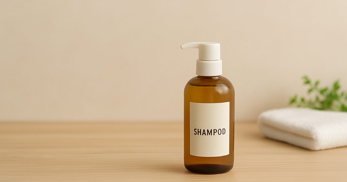 木目の台の上に琥珀色のシャンプーボトルが置かれた横長のイメージ写真。右側にボトル、左側に大きな余白がある柔らかい自然光の構図。